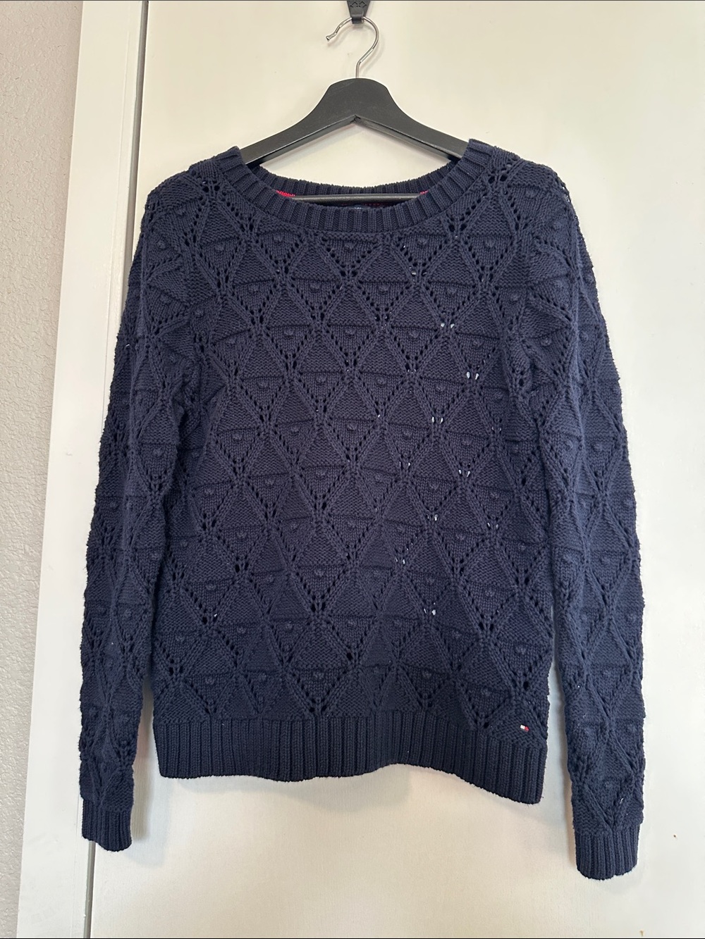 Tommy Hilfiger Navy Blue Pointelle Bobble Diamond Knit Sweater M